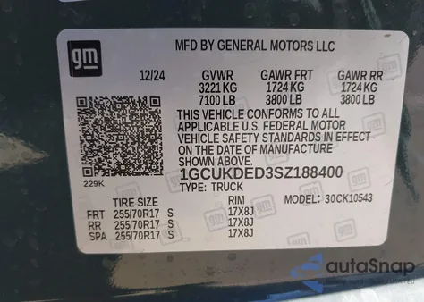 2025 Chevrolet Silverado 1500 4Wd Standard Bed Lt z USA, uszkodzony, nr VIN 1GCUKDED3SZ188400